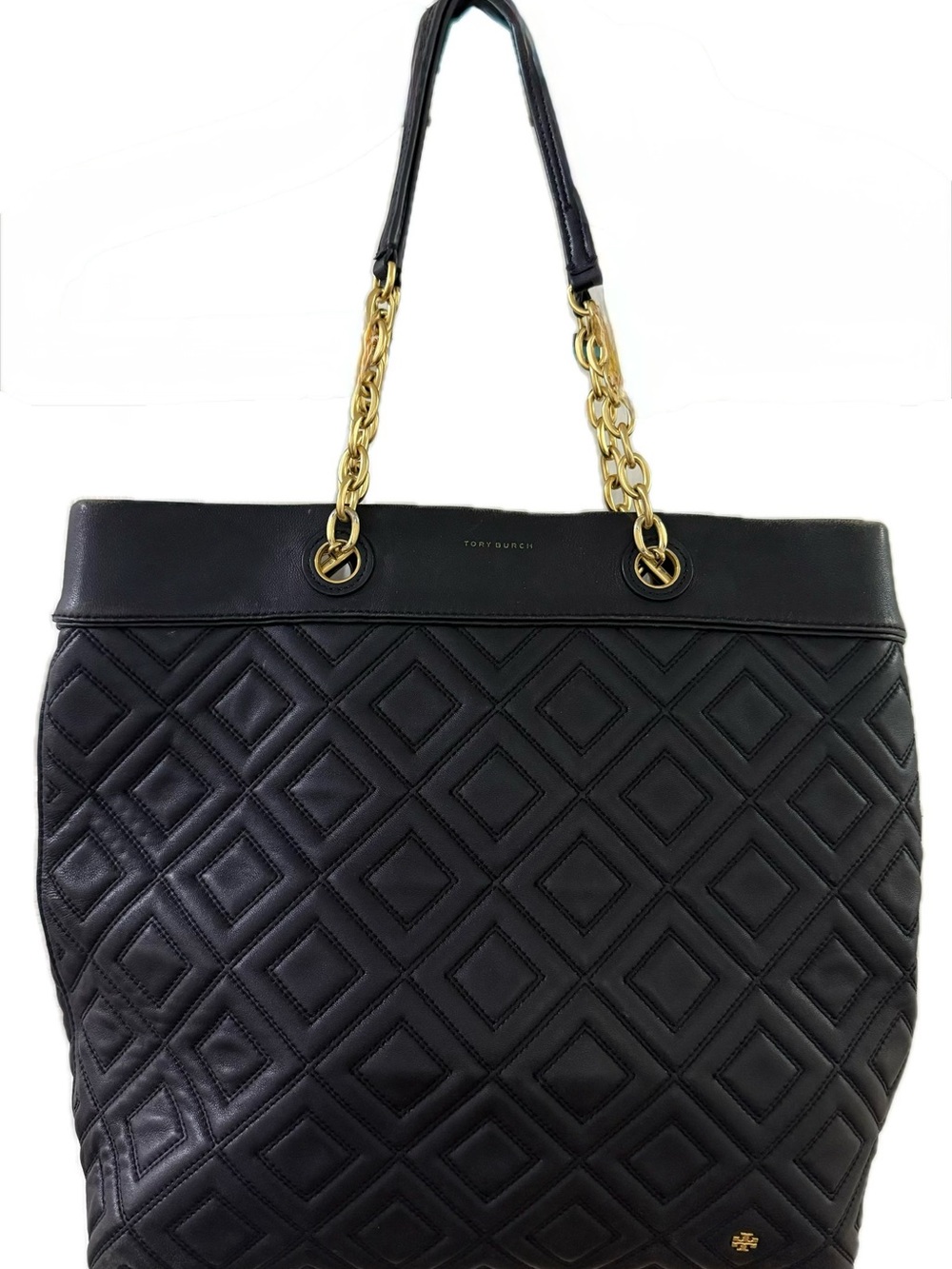 Tory Burch Black Quilted Leather Tote with Gold Chain Straps